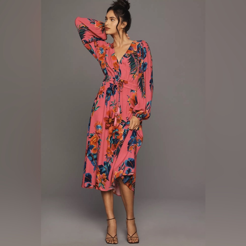 Farm Rio Long-Sleeve V-Neck A-Line Midi Dress